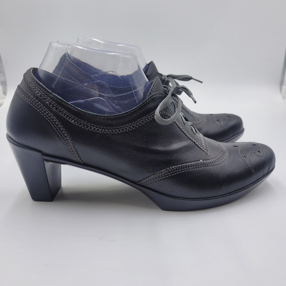 Naot Women Black Leather Lace Up Heeled Oxford Brogue Wingtip Shoes Size 39 US 8